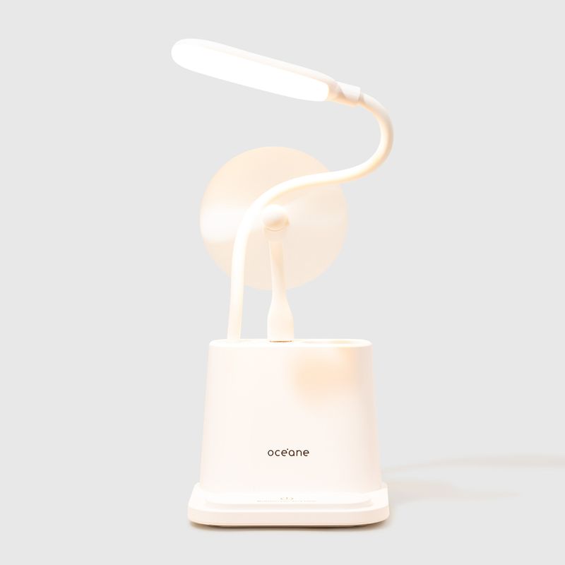 Luminária de Mesa C/ Ventilador Branco Fan Desk Lamp ventilador ligado e luminária acesa frente