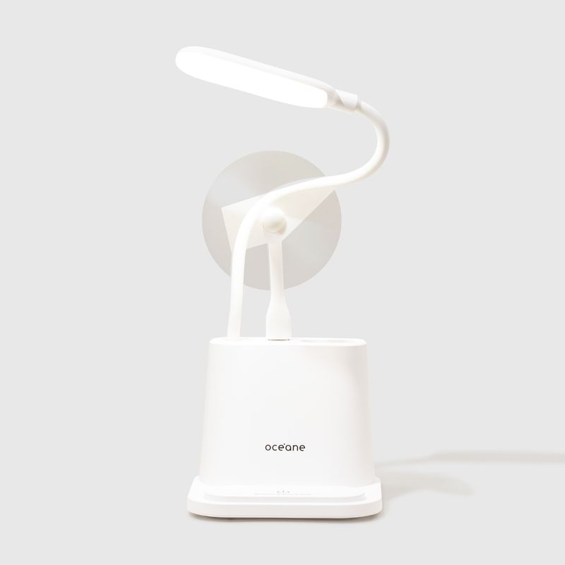 Luminária de Mesa C/ Ventilador Branco Fan Desk Lamp ventilador ligado e apagada frente