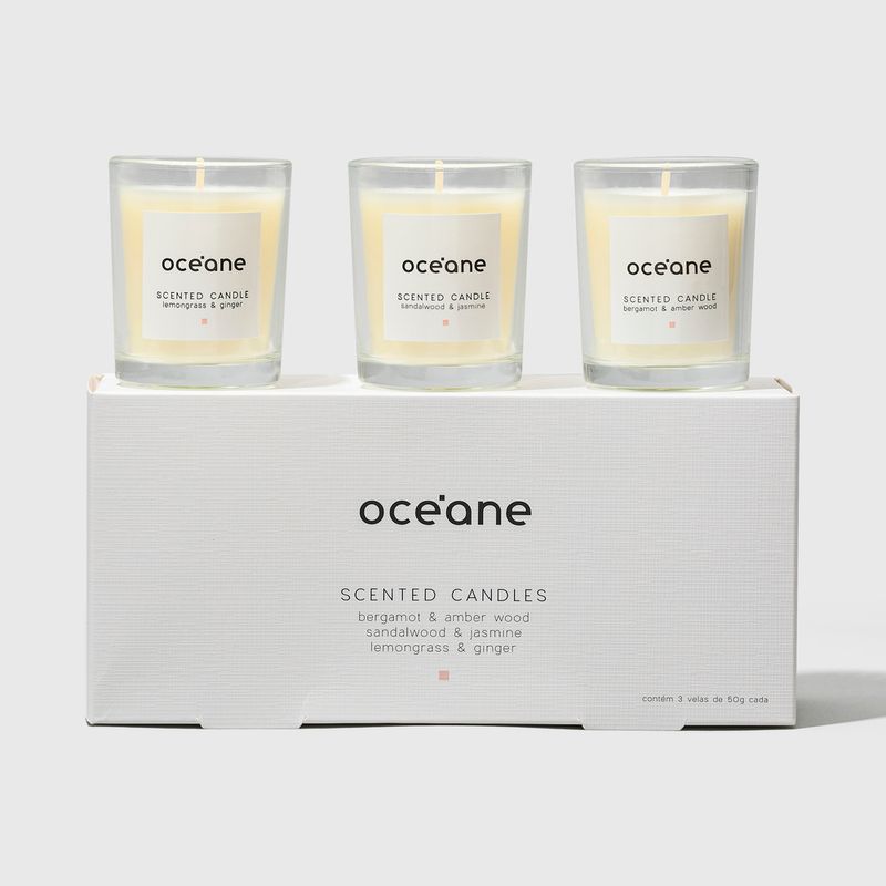 Kit com 3 Velas Scentes Candle Set 50g Cada, emblagem fechada frente abaixo das 3 velas