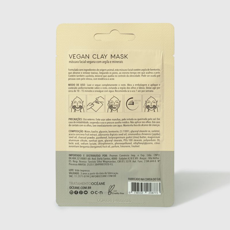 Máscara Facial Vegana C/ Argila de Bentônita - Vegan Clay Mask 15g  embalagem fechada verso