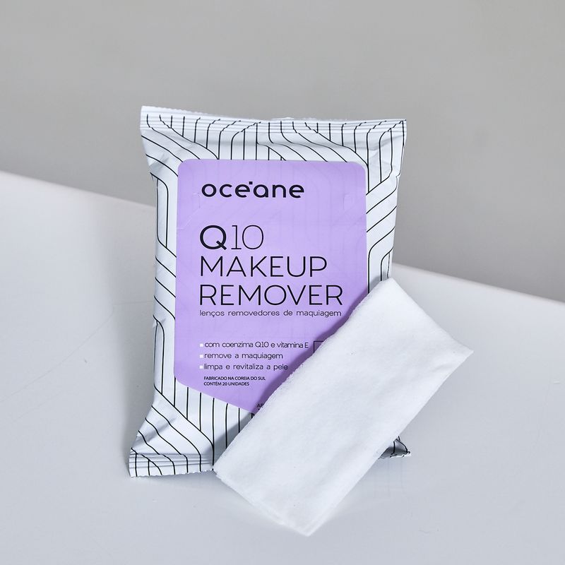 Lenços Demaquilantes C/ Q10 e Vitamina e  Q10 Makeup Remover 20un mostrando o lenço frente