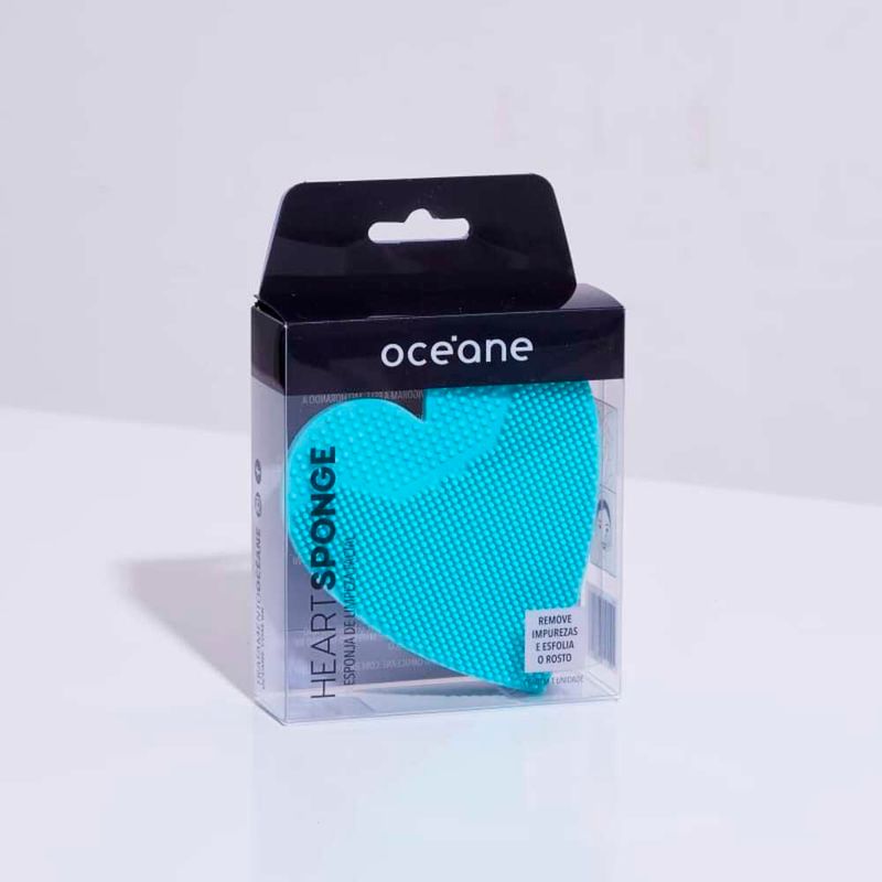 embalagem Esponja de Silicone Para Limpeza Azul Facial Heart Sponge fechada frente