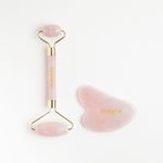 Kit de Massagem Facial de Quartzo Rosa Quartz Roller & Gua Sha Set frente gua sha ao lado direito