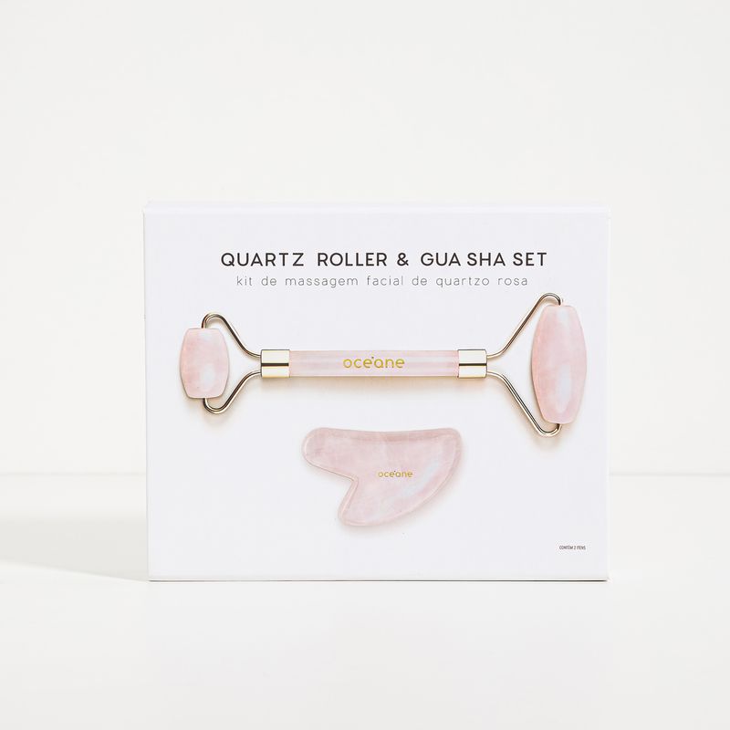 embalagem fechada Kit de Massagem Facial de Quartzo Rosa Quartz Roller & Gua Sha Set frente