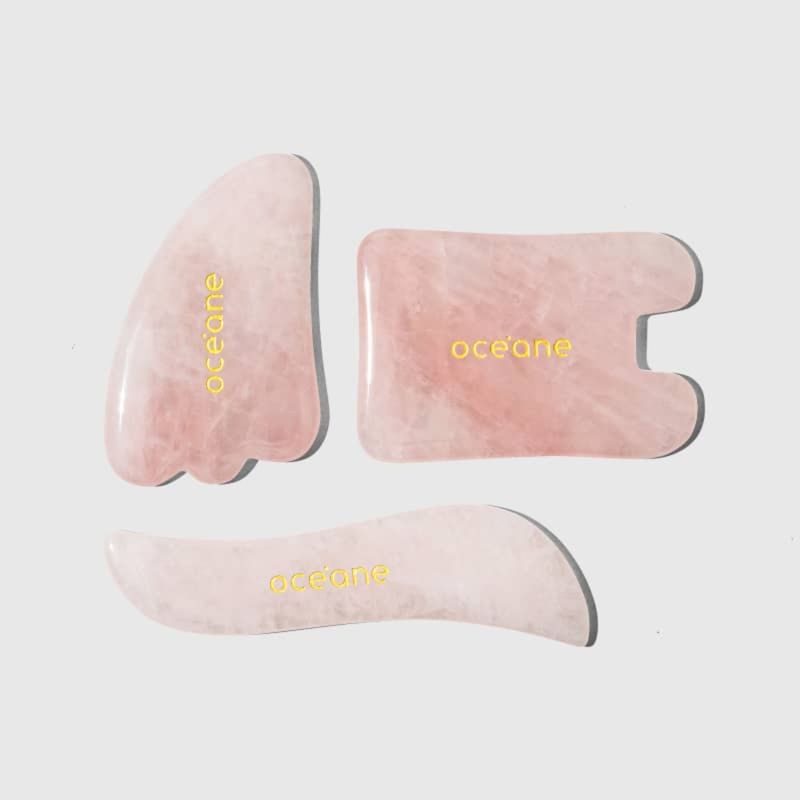 kit de massageadores  de quartzo rosa com 3 pedras gua sha set , 3 pedras fora da embalagem frente
