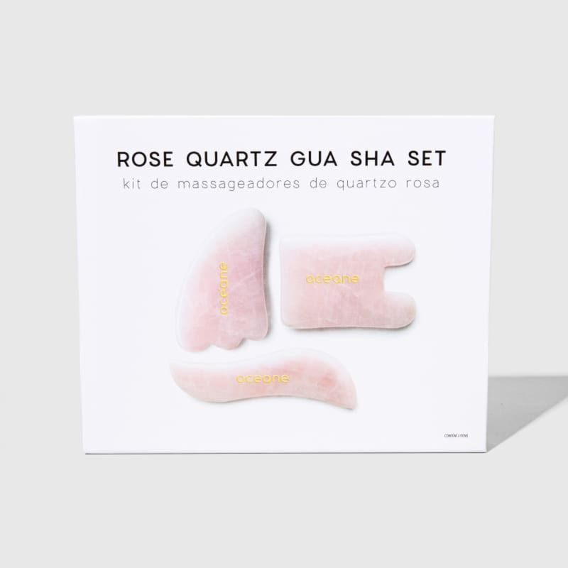 kit de massageadores  de quartzo rosa com 3 pedras gua sha set , 3 pedras dentro da embalagem fechada  frente