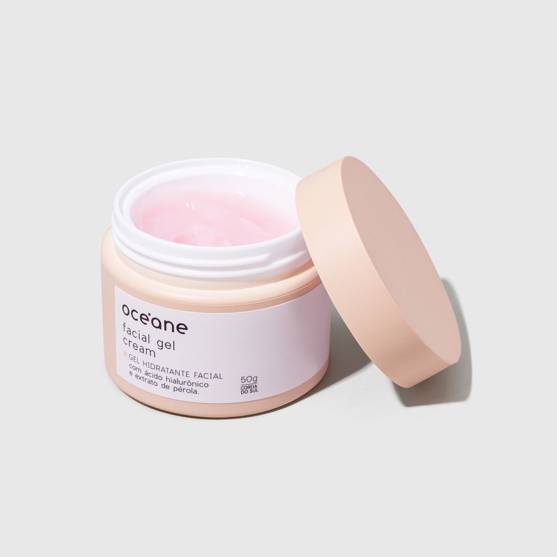 Gel-Hidratante-Facial-Com-Ext.-de-Perola-Facial-Gel-Cream-embalagem-aberta-sem-tampa-interna-tampa-externa-ao-lado-direito