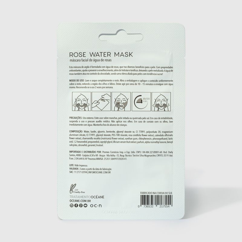 Embalagem fechada verso Máscara Facial com Água de Rosas Rose Water Mask 8g