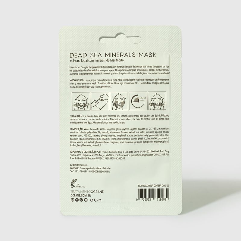 Embalagem fechada verso Máscara Facial C/ Mineiras do Mar Morto - Dead Sea Minerals Mask 8g