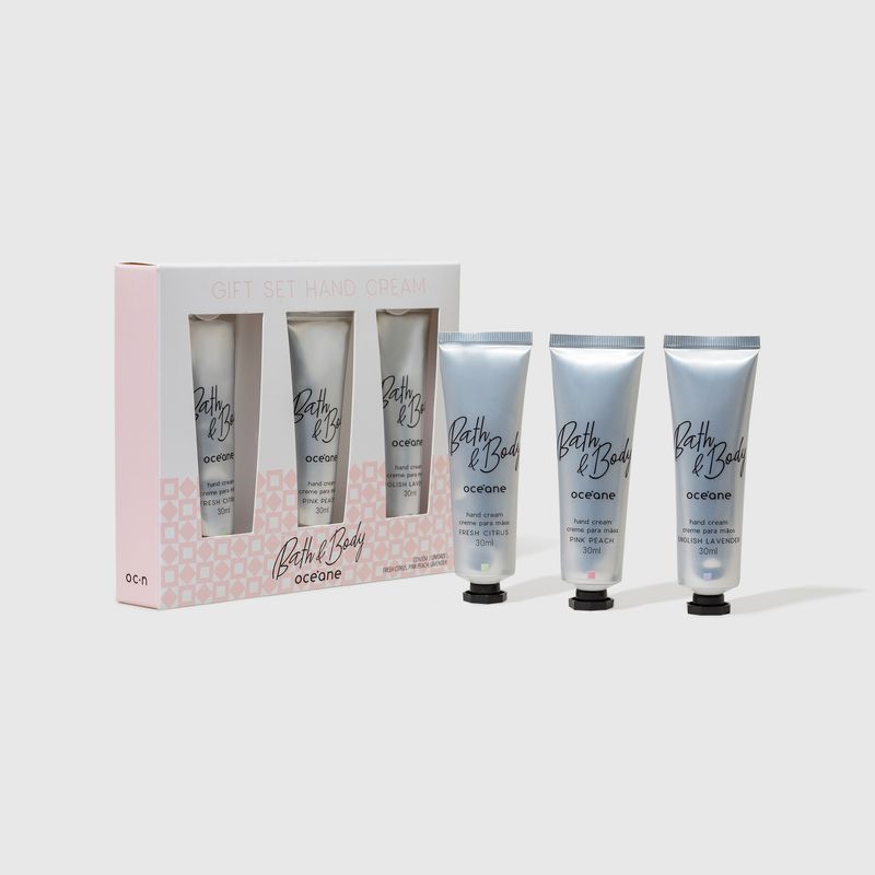 Kit Creme Hidratante Para Mãos Gift Set Hand Cream 3un embalagem fechada lateral e as 3 unidades de creme ao lado direito