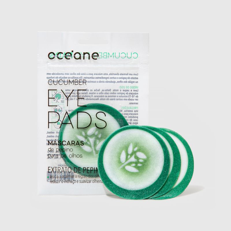 embalagem fechada Máscara P/ Olhos de Pepino - Cucumber Eye Pads 10un e máscaras ao lado direito frente