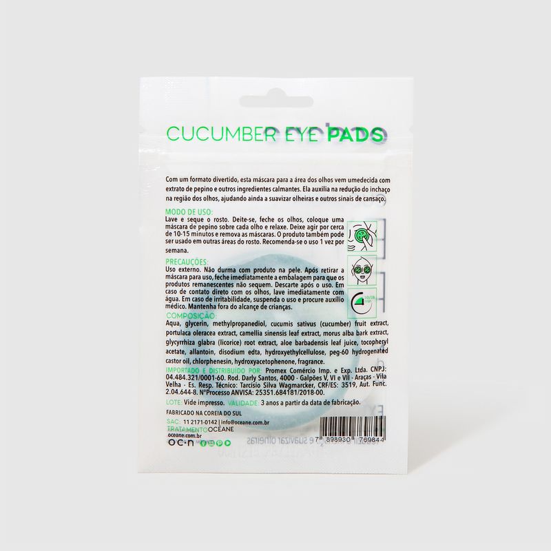 embalagem fechada Máscara P/ Olhos de Pepino - Cucumber Eye Pads 10un verso