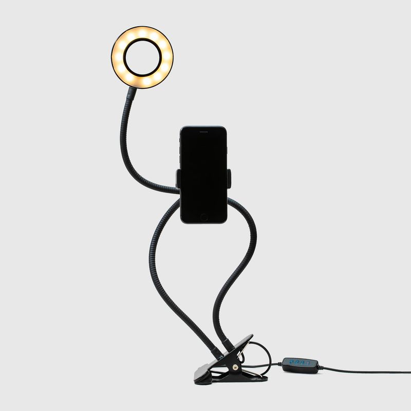 Anel de Luz Led Com Suporte Flexível Ring Light 10cm na cor preta com suporte para celular, luz acesa frente
