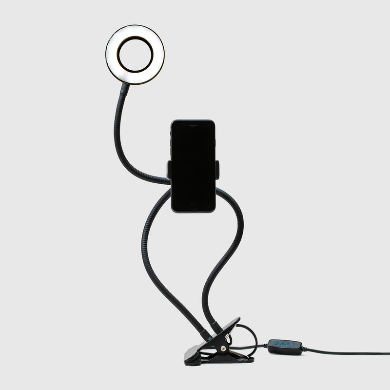 Anel de Luz Led Com Suporte Flexível Ring Light 10cm na cor preta com suporte para celular, luz apagada frente
