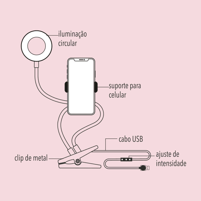 Instruções de montagem Anel de Luz Led Com Suporte Flexível Ring Light 10cm na cor preta com suporte para celular