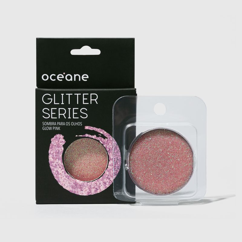 Sombra unitária Para Olhos Glitter Series Glow Pink  embalagem fechada e aberta ao lado direito frente