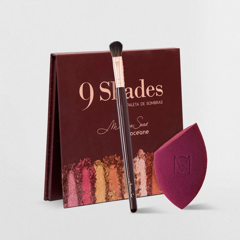 kit paleta de sombras 9 shades com pincel e esponja de frente