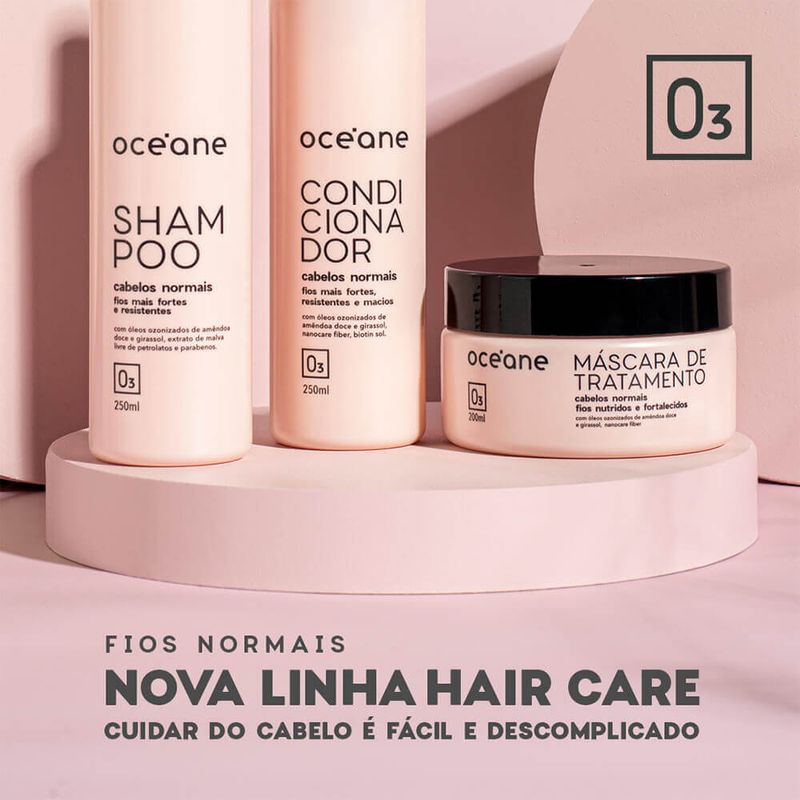 K598_kit_completo_para_cabelos_normais_5 foto de frente de todos os produtos da linha divulgando a nova linha de hair care da océane
