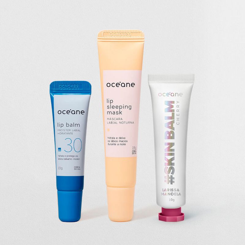 kit trio labios perfeitos, hidratante labial rosa, protetor hidratante fps30 e máscara labial noturna