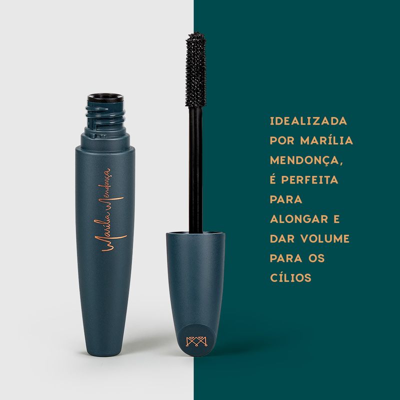 Máscara Para Cílios Preta Marília Mendonça By Océane Soundtrack embalagem aberta com tampa ao lado e caracteristicas do produto
