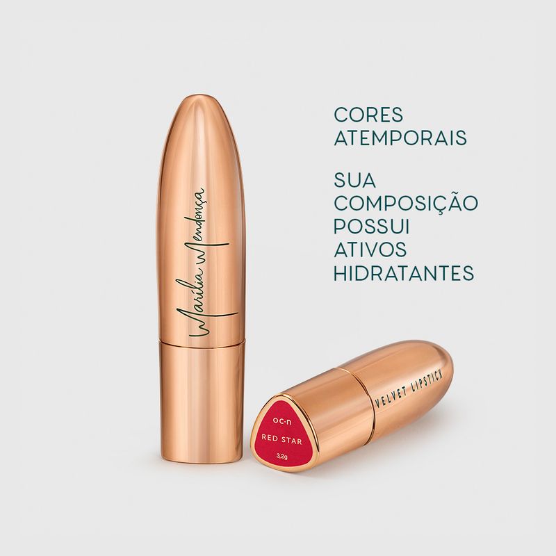 embalagem fechada frente e mais uma unidade do Batom Vermelho Marília Mendonça By Océane Velvet Lipstick Red Star ao lado direito