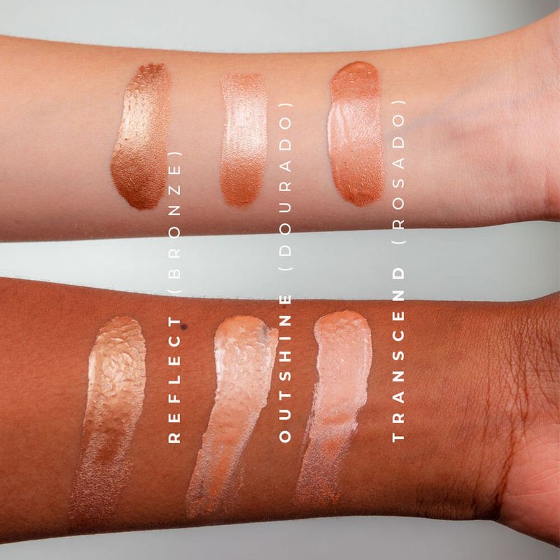 Swatches dos três tons do Iluminador Líquido Larissa Manoela By Océane Liquid Glow