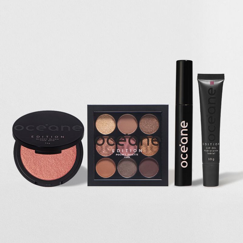 O Kit Maquiagem Nude Completa Océane Edition  conta com 4 produtos océane edition