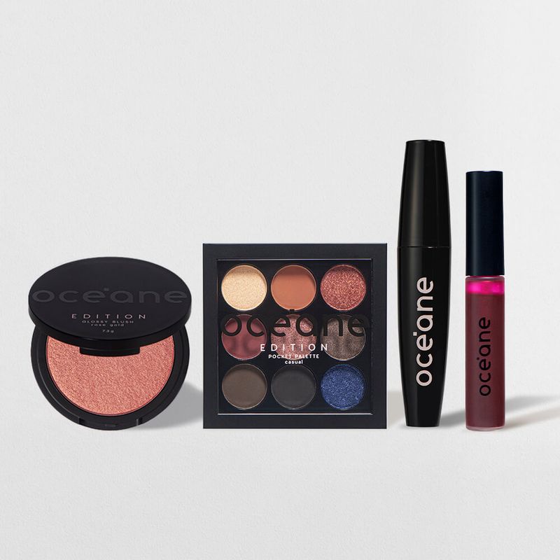 O Kit Paleta de Sombras Pocket Casual + Blush Cintilante + Lip Tint + Máscara de Cílios Drama Lash Océane Edition  conta com 4 produtos océane edition