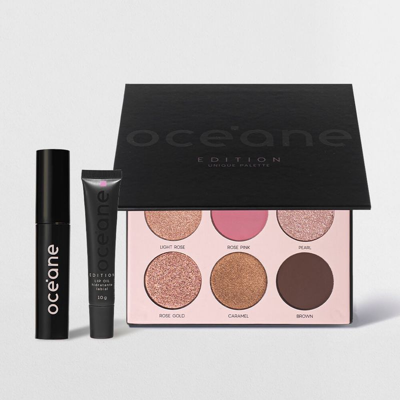 O Kit Maquiagem Rosa Unique Océane Edition conta com 3 produtos océane edition