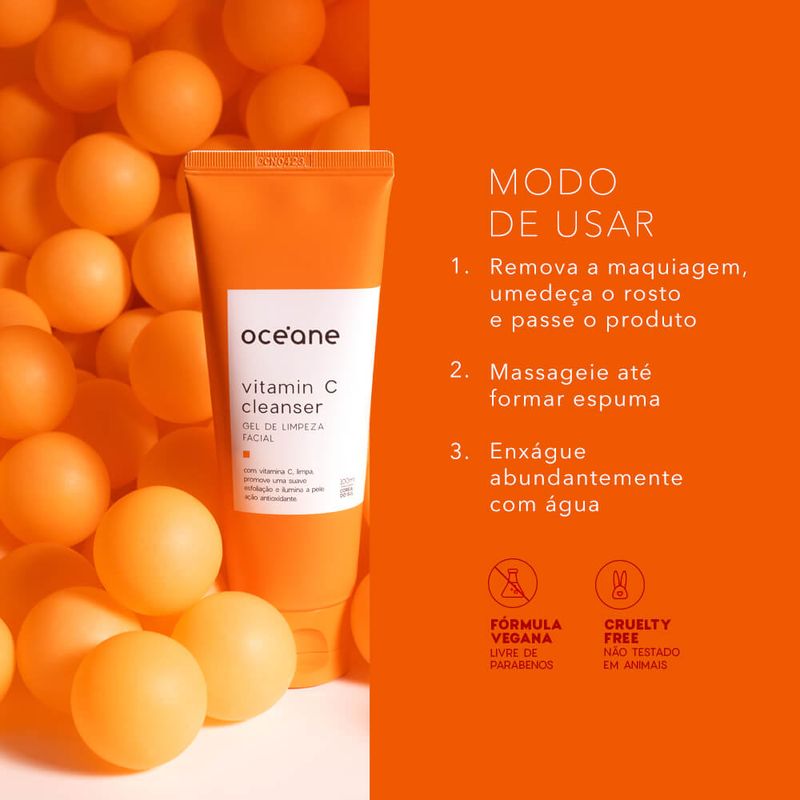 Modo de uso do Gel de Limpeza Facial com Vitamina C Océane