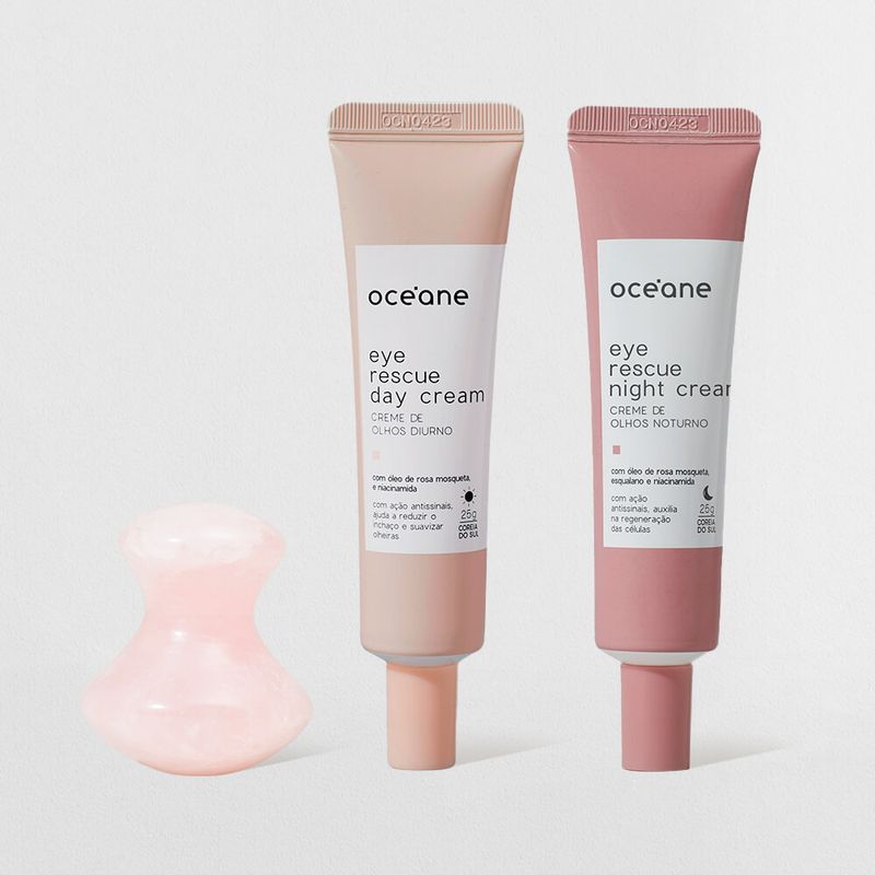 kit com dois creme para área dos olhos com rosa mosqueta e massageador para área dos olhos