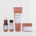 o kit cuidado antiacne conta com 4 produtos da linha antiacne da océane, o sérum facial antioleosidade e antiacne, a loção secativa de espinhas, o gel de limpeza facial e o creme hidratante com ácido salicilico