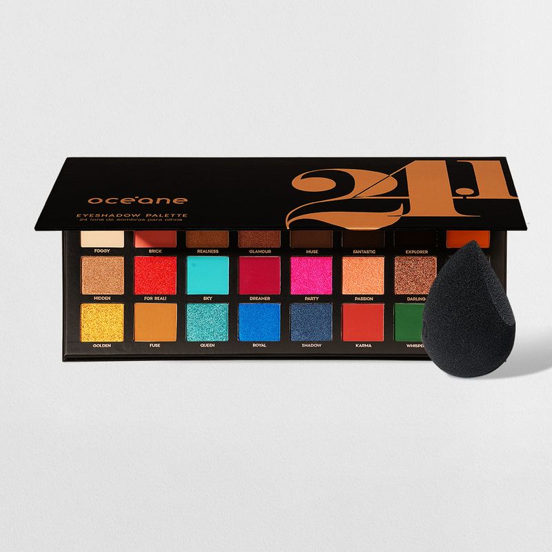 paleta de sombras 24.1 cores e esponja flat drop de frente