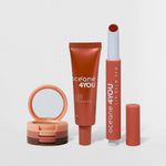 kit com tior de sombras cooper shine aberto, blush líquido bright joy e lip balm pen hidratante aberto com a tampa do lado