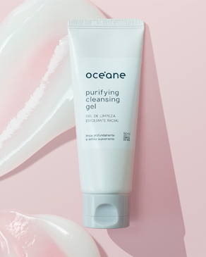 banner skincare rosto océane, a foto mostra um gel de limpeza esfoliante facial purifying cleansing gel.