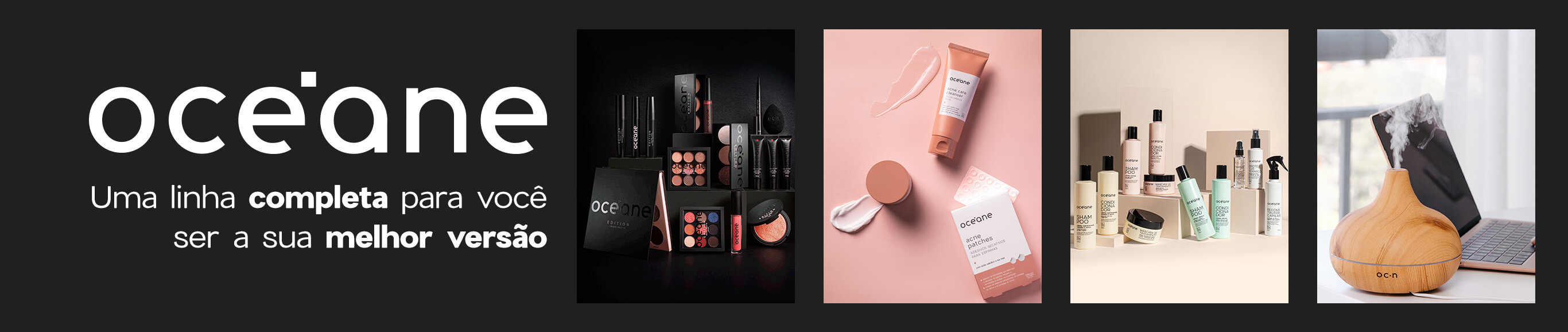 Banner categorias Océane, a imagem mostra os produtos de maquiagem, skincare, bem estar e cabelos