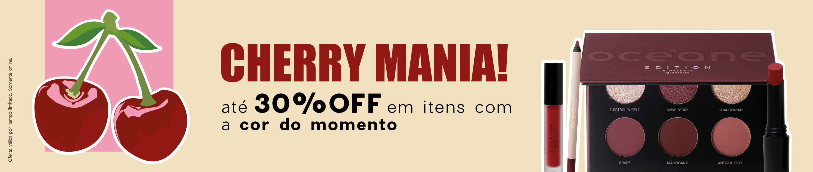 Cherry Mania | Makes com até 30%OFF, a imagem mostra uma paleta de sombras, 2 batons vermelhos e um lápis para olhos